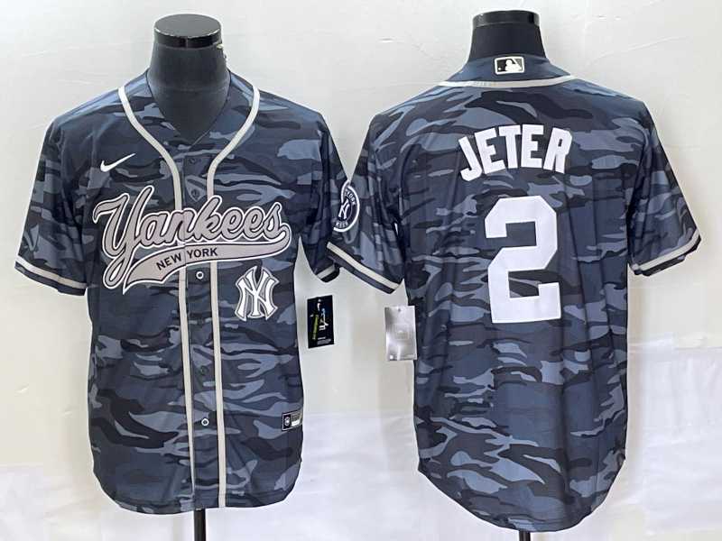 Men's New York Yankees #2 Derek Jeter Grey Camo Cool Base With Patch Stitched Baseball Jerseys